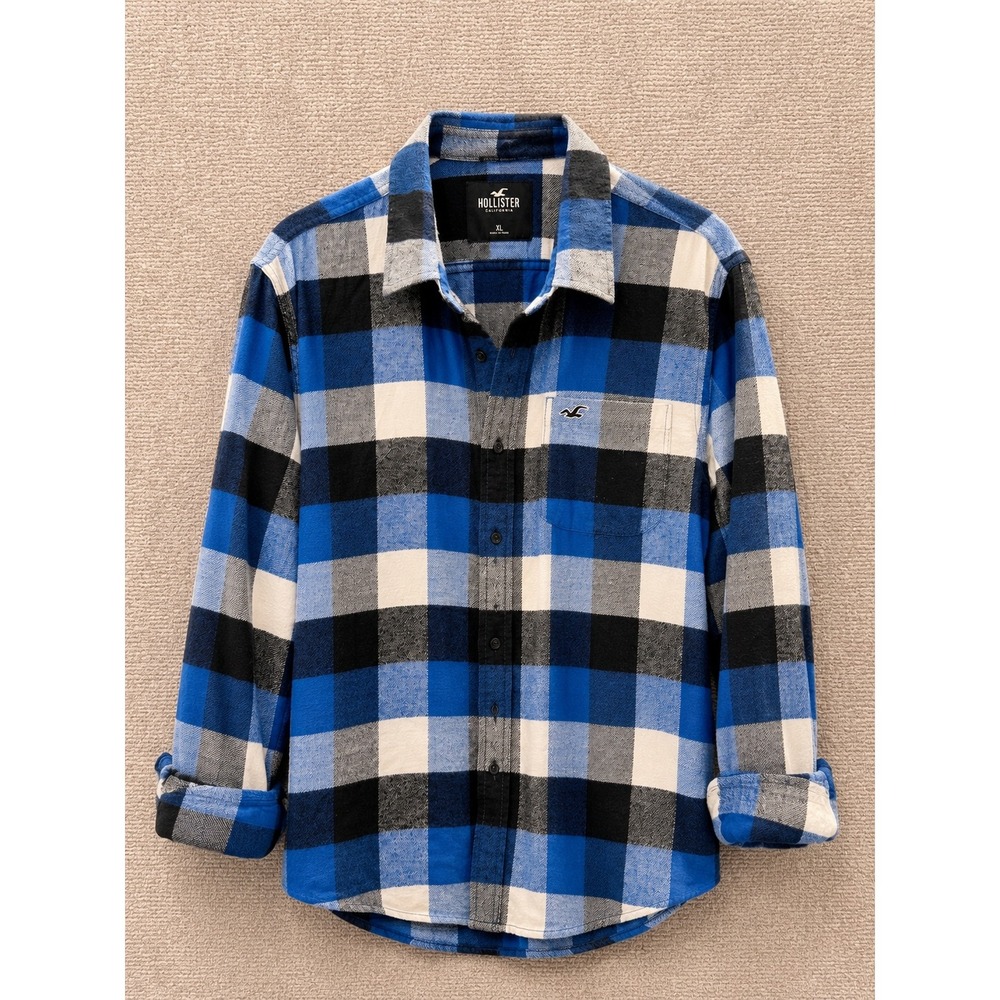 Hollister Mens Flannel Shirt XL Blue Black White Buffalo Plaid Button Down Logo